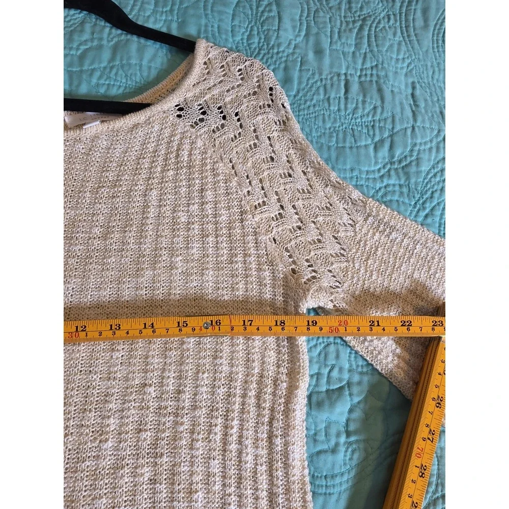 LC Lauren Conrad Cream Pointelle Knit Bell Sleeve‎ Sweater Medium Scoop Neck